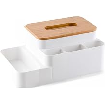 Multifunction Bamboo Tissue Box Holder with Storage 4-Cell Partition Desktop Organizer Box Remote Controller Box Pencil Pen Holder for Home and Office Supplies White