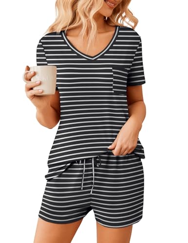 Image of Ekouaer Womens Pajama Sets Short Sleeve Pajamas for Women Sets Soft Lounge Sets Casual V Neck Sleepwear PJS