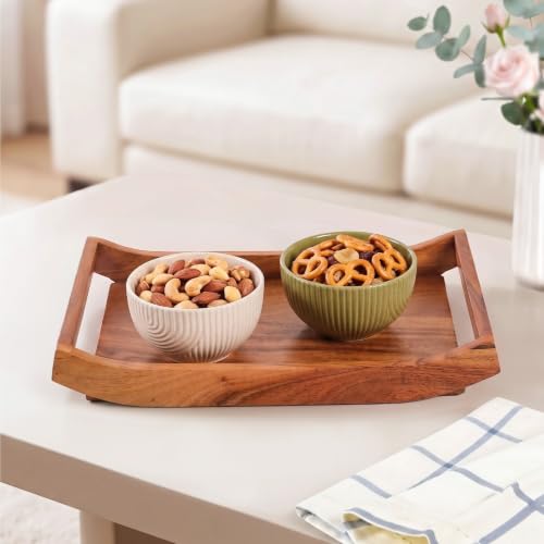 Image of Nestasia Wooden Serving Tray with Handles (30x20cm) - Acacia Wood Rectangular Brown Tray for Dining & Coffee Table | Platter for Serving Tea, Cakes, Snacks, Breakfast & Home Decor (Caramel Brown)