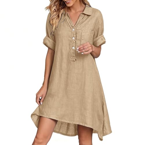 Women's Short Sleeve V Neck Button Down Linen Cotton Maxi