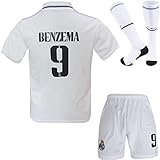 BlackAzat 2022/2023 Madrid Heim #9 Karim Benzema Football Fußball Kinder Trikot Shorts Socken Set Jugendgrößen (Weiß,30)