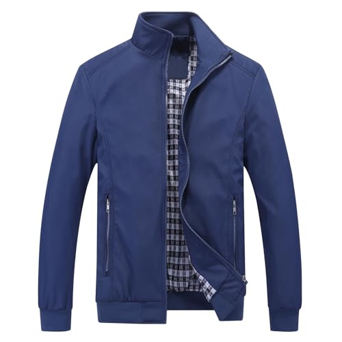 Blouson Homme Léger pour Printemps Été Zippée Veste d'Extérieur Casual Bomber de Couleur Uni Veste Coupe-Vent à Col Montant Jacket Homme de l'Aviateur Thin Classique Décontracté Casual(Bleu Foncé,L)