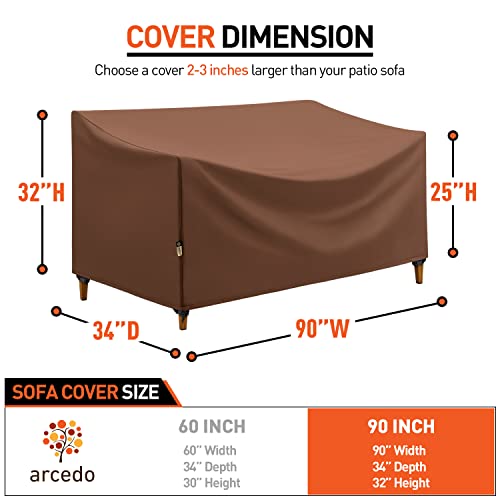 Arcedo Patio Sofa Cover, Waterproof Outdoor 3 Seater Couch Cover, Heavy Duty Outdoor Sofa Cover, Durable Windproof Patio Furniture Sectional Cover, 90W X 34D X 32 H Inch, Brown #TOP1