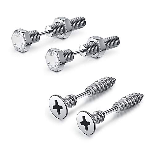 JOVIVI 2 Pairs Punk Stainless Steel 16G Silver Black Screw Stud Earrings for Men Women Body Piercing Jewelry