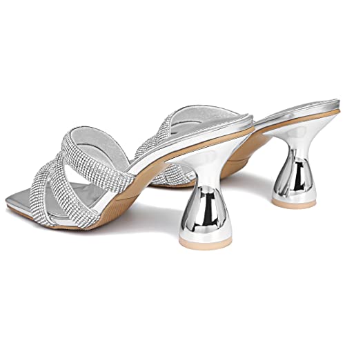 Ohxztx Women's Rhinestone Square Heeled Sandals Slip On Peep Toe Chunky Block Kitten High Heels Mules Slippers Slides Fashion Wedding Dress Backless Pump Shoes Silver Pu Size Us 7.5 Cn 38 #TOP5