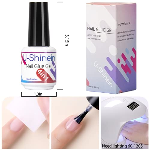 U-Shinein Nail Glue Gel for Acrylic Nails, 4 in 1 Nail Glue for Nails Multifunctional Nail Gel-Base Coat, Slip Solution, Nail Tips Glue, Rhinestone Glue, Strengthen Gel, Nail Art Manicure Glue Gel - Thumbnail 6