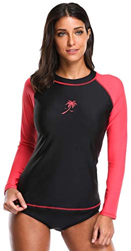 ATTRACO Swim Tops Women Long Sleeve Swim Shirt Sun Protection Rash Guard Black Red M ATTRACO Swim Tops Women Long Sleeve Swim Shirt Sun Protection Rash Guard Black Red M