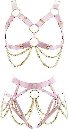 QURMXZEK Leather Bra Harness Women Bondage Garter Belt Sexy Lingerie Adjustable Suspender Goth Chain(Pink Set)