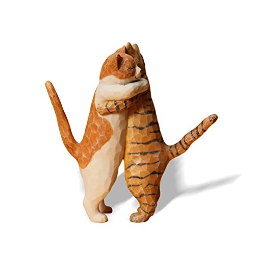 MMOS X Resin Hugging Cat Statue with Wooden Grain, Embracing