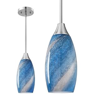 EDISHINE Pendant Light Fixtures, Handcrafted Art Glass Hanging Light with Brushed Nickel Finished, E26 Socket, Adjustable Cord Glass Pendant Light for Kitchen, Bathroom, Hallway, Bar Dark Bl