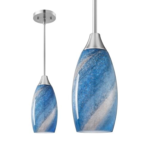 EDISHINE Pendant Light Fixtures, Handcrafted Art Glass Hanging Light with Brushed Nickel Finished, E26 Socket, Adjustable Cord Glass Pendant Light for Kitchen, Bathroom, Hallway, Bar Dark Bl