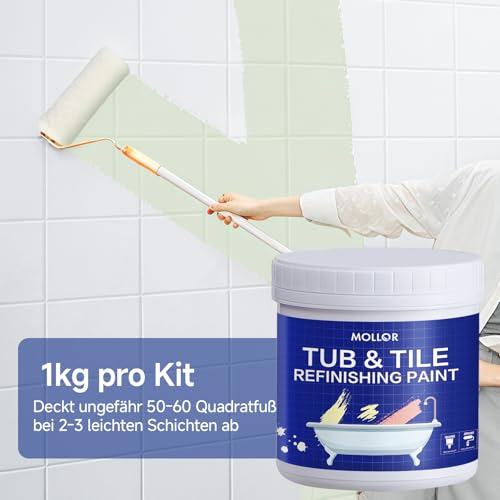Mollor Badewannenlack Weiß 1kg, Fliesenfarbe Badezimmer Fliesenlack, Hochdeckende, wasserbeständige Badewannenfarbe, Badewannen Reparaturset weiß,ideal für Badewanne, Duschwanne und Waschbecken