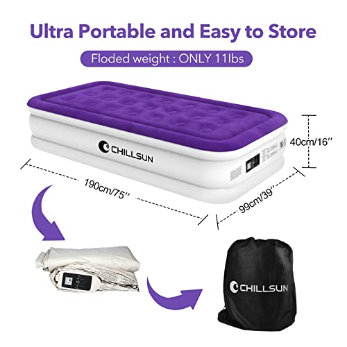 CHILLSUN Twin Air Mattress with Built in Pump,16" Durable Blow Up Bed Double-High Inflatable Mattress with Flocked Top,Easy Inflate,Portable for Home&Camping