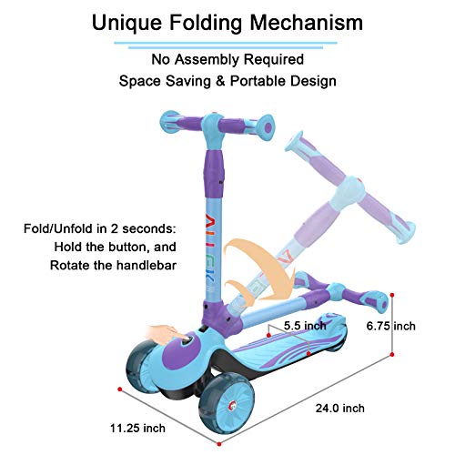 Allek F01 Folding Kick Scooter For Kids, 3-Wheel Led Flashing Glider Push Scooter With Height Adjustable And Foldable Handlebar, Dual Color Anti-Slip Wide Deck For Boys Girls 3-12 (Aqua/Violet) #TOP2