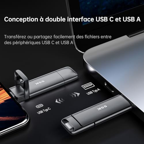 SSK SSD Externe 256GO Disque Portable SSD Cle USB 3.2 Gen 2 Jusqu'à 550 Mo/s, 2 en 1 OTG Solid State Drive 256 GO Double Clé USB A & Type C de PC Mobile Ordinateur Photos Vidéo MacBook Pro Air et Plus – vue 4