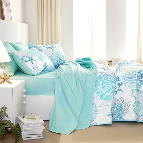 Wake In Cloud - Coastal Quilt Set, Nautical Ocean Beach Themed Tropical Summer Patterned, Reversible Lightweight Bedspread Coverlet, 3 Pieces, Aqua Turquoise, Queen/Full Size - Image 4