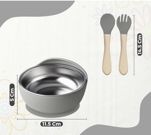 Image of NYALA Stainless Steel Toddler Plates Silicone Suction, Non-Slip Baby Plates BPA Free,Unbreakable Dishwasher Safe (Grey, Bowl)