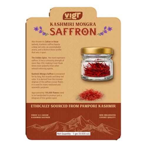 Vigr Single Origin Kashmiri Mongra Saffron (Kesar) - Farm Direct from Pampore, Lab Tested & AYUSH Certified, Grade A++, 100% Pure Handpicked Threads, Highest Crocin Content (1g (0.035 oz))