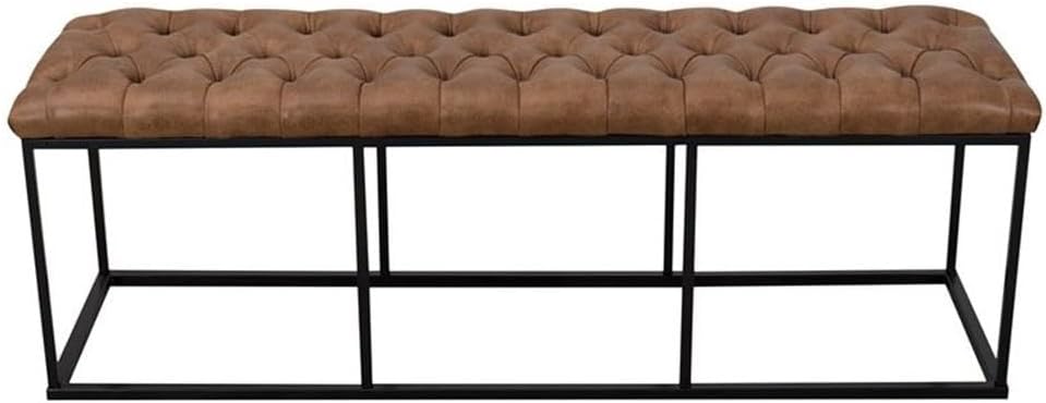 Pemberly Row Modern Faux Leather Bench, 52.25 in Wide, Button Tufted Brown Upholstery, Metal Frame, Semi-Firm Cushion, Industrial Style Entryway, Bedroom or Dining Room Seating