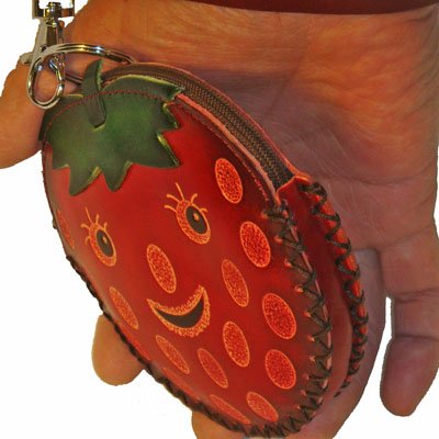 Real Leather Strawberry Coin Purse, Handmade Strawberry Pattern Change Purse, Wrist Strap And Zipper #TOP3