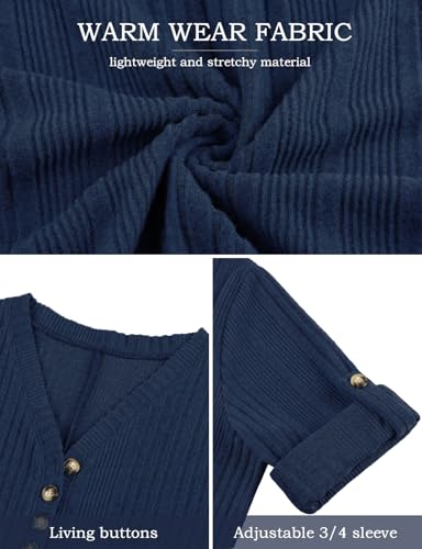 Image of Koscacy Women Plus Size V Neck 3 /4 Roll Sleeve Sweater Casual Knit Tops Solid Color Blouses