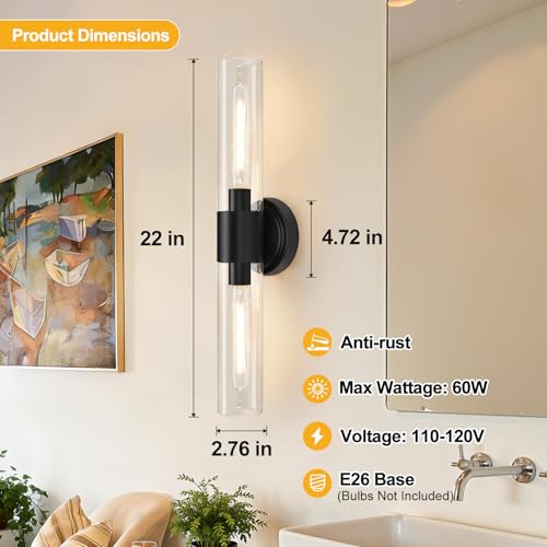 Image of Wall Sconces Set of Two,Matte Black Bathroom Sconces with Clear Glass, Hardwired Sconces Wall Decor Set of 2, Modern Wall Vanity Light Fixtures for Bathroom Mirror Bedroom Living Room Hallway