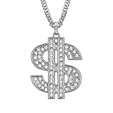 Dollar Sign Necklace 80s 90s Hip Hop Money Dollar Necklace Dollars Sign Adjustable Ring Iced Out Rhinestone Chain Dollars Necklaces for Women Men Bar Party Jewelry-Necklaces Silver
