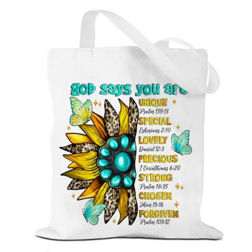 Christian Gifts Canvas Tote Bag, Reusable Grocery Shopping Sunflower Shoulder Bag for Travel, Work Beach, Inspirational Faith Bible Verse Religious Gifts for Women Friend Sister Birthday Christmas