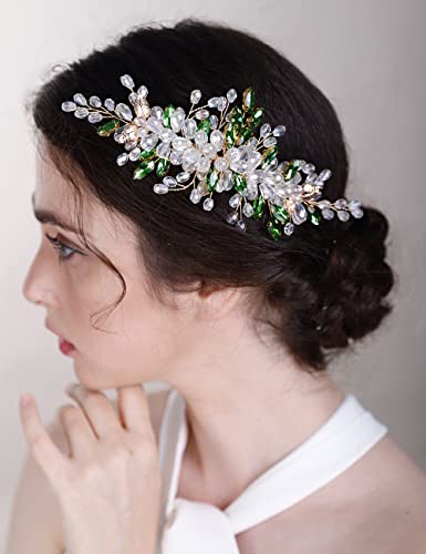 Chargances Wedding Crystal Hair Comb Bridal Leaf Pearl Hair Vine Side Comb Rhinestone Beaded Hair Accessories Headpiece For Wedding Prom Festival Bridesmaid For Women And Girls (Green) #TOP1