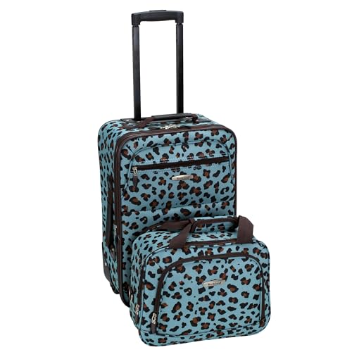Rockland Fashion Softside Upright Luggage Set,Expandable,Telescopic Handle,Wheel, Blue Leopard, 2-Piece (14/19)