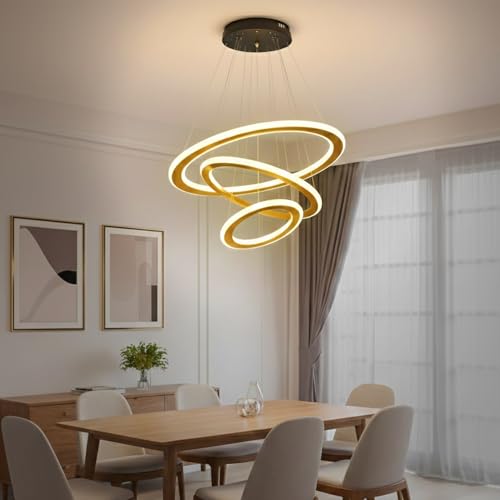 Image of Lamp master Modern 3 Ring LED Pendant Ceiling Light | Gold Finish Ring Chandelier with Warm White Glow | Adjustable Hanging Light for Living Room, Hall, Dining, Lobby | 1 Year Warranty