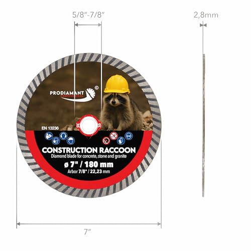 PRODIAMANT Construction Racoon 7\" (180 mm) Diamond Blade – EN 13236 – Cuts Natural Stone, Porcelain, Ceramic, Granite, Masonry – Fits Angle Grinders & Tile Saws