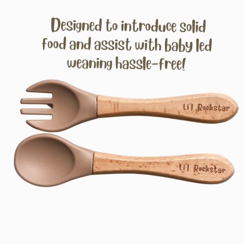Li'l Rockstar Baby Led Weaning Supplies - Silicone Baby Feeding Set – Silicone Baby Bibs Suction Bowl Divided Plate Cup Self Feeding Spoons – Baby Toddler Dish Set (Dark Beige) #TOP6