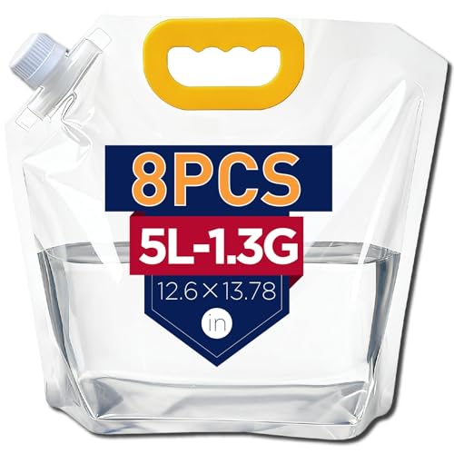 NexLevVac Collapsible Water Container Bag 8Pcs 1.3 Gallon, Freezable Plastic Foldable Water Pouch with Handles,Leak-Proof Plastic Storage Jug for