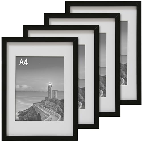 Cispree A4 Photo Frame-Black(4Pack), Solid Wood Picture Frame for 11.69x8.27 inch(29.7x21cm) Print,Certificate,Poster. With Mount for 15x20cm
