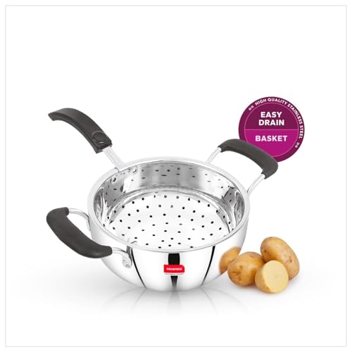 Image of Premium Stainless Steel Deep Kadai 1.9 Litre with Mesh Frying Basket 1.8 Litre with Comfort Handles | Perfect for Deep Frying, and Stir-Frying | Durable and all Cooktop Compatible