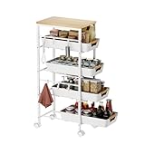 Uwoodia 5-etagiger schmaler Aufbewahrungswagen mit Holzplatte, rollender Küchenwagen mit ausziehbaren Körben und Rädern, multifunktionaler Organizer-Wagen für Küche, Bad und Waschküche in Weiß