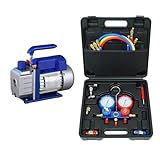Fkstyle 【2点セット】エアコン真空ポンプ＆ガスチャージキット 角型ハードケース収納｜逆流防止・高精度圧力計・多冷媒対応（R22・R134a・R404A・R410A）