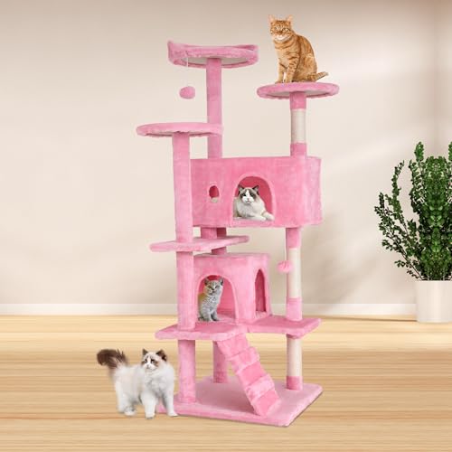 Image of BestPet | 54 inch Cat Tree Tower | Pink | Sturdy Multi-Level Cat Tree