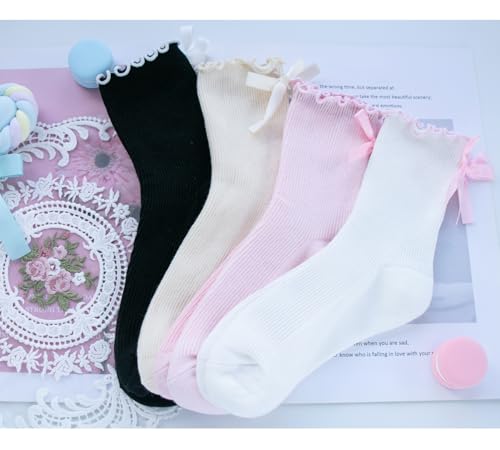 Image of Womens Bow Socks Ruffle Casual Crew Black Whitte Soft Breathable Cotton 4 Pairs Socks