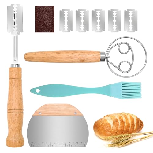 Mispudin Bread Lame Cutter Set of 4 - Bread Scoring Knife with 5 Replaceable Blades & Protective Cover, 10 Inch Dough Whisk, Dough Cutter, Pastry Brush for Home Sourdough Making