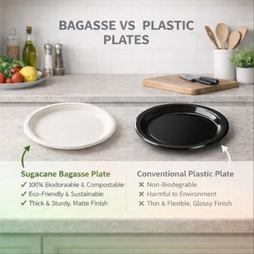 Image of Eco Aaroyaa Round Extra Large Bagasse 12 Inch Disposable Plates - Eco-Friendly Disposable Plates for food - Biodegradable disposable Plate, Strong and Sturdy, Oil & Water Resistant use and throw plates (Pack of 50)