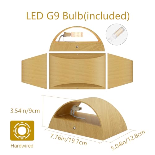 Aipsun Aluminum Modern LED Wall Sconce Hardwired Interior Wall Lights Set of 2 Wood Texture Up and Down Wall Mount Light for Living Room Bedroom Hallway Corridor Warm White 3000K(with G9 Bulbs) by Aipsun - Image 7