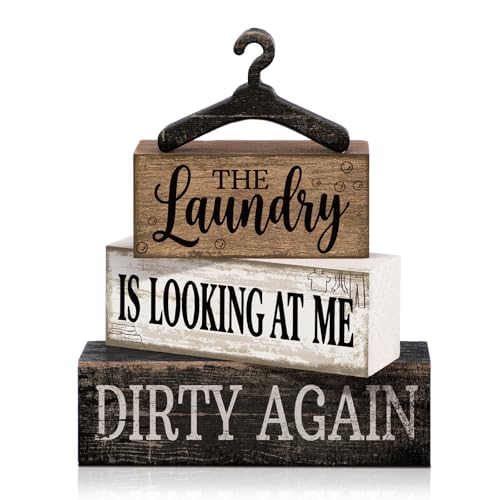 Moucuny 4 Pcs Farmhouse Laundry Room Decor and Accessories Stacked Blocks