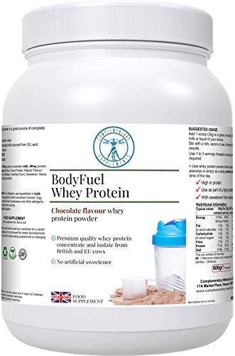 Complementary Supplements - BodyFuel Whey Protein Isolate & Concentrate Chocolate Flavour – NO Artificial Sweeteners - NO GMOs -Vegetarian, 600g powder