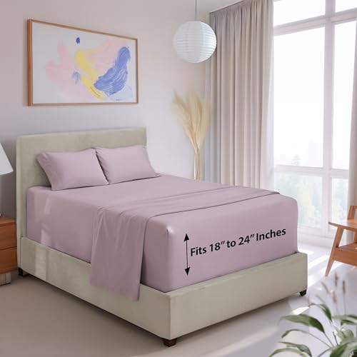 Image of Hearth & Harbor Extra Deep Pocket California King Sheets - 4 Piece Hotel Luxury California King Sheet Set Fits Up to 24 inch Mattress - Ultra Soft Luxury Bed Sheet Set - Cal King, Dusty Purple | 4 Piece Bed Sheet Set, Ultra Soft & Breathable, Fits Up to 24 inch Mattress, Hotel Luxury
