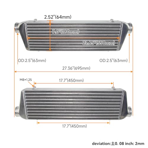 Universal Bar&Plate Front Mount Intercooler 550 * 180 * 64 Fmic 2.5" In/Outlet Aluminum Silver by Sports - Image 2
