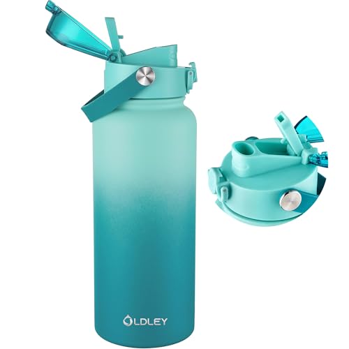 Image of OLDLEY 32oz Insulated Water Bottle with 2-in-1 Straw & Chug Lid, Leakproof Stainless Steel Bottle, Double Wall Vacuum Insulated Water Bottle for Sports, Gym, Travel, Teal Ombre