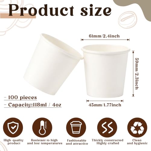 Acellegic 100 Pack 4oz Mini Coffee Cups Disposable Paper Cups Hot or Cold Beverage Cup Mouthwash Cup Drinking for Coffee Water Tea Juice Espresso for Home Office Party Picnic (White) - Image 2