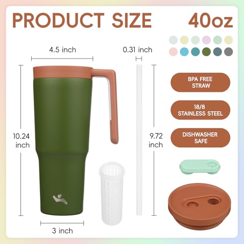 Image of Konokyo 12 Pack 40 Oz Tumblers with Handle and Straw, Bulk Vacuum Insulated Stainless Steel Travel Mugs with Lids for Office, Events and Group Orders Forest Green